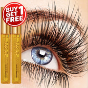 Mắt xanh với lông mi dài, chai serum vàng bên cạnh, logo khuyến mãi "Buy 1 Get 1 Free".