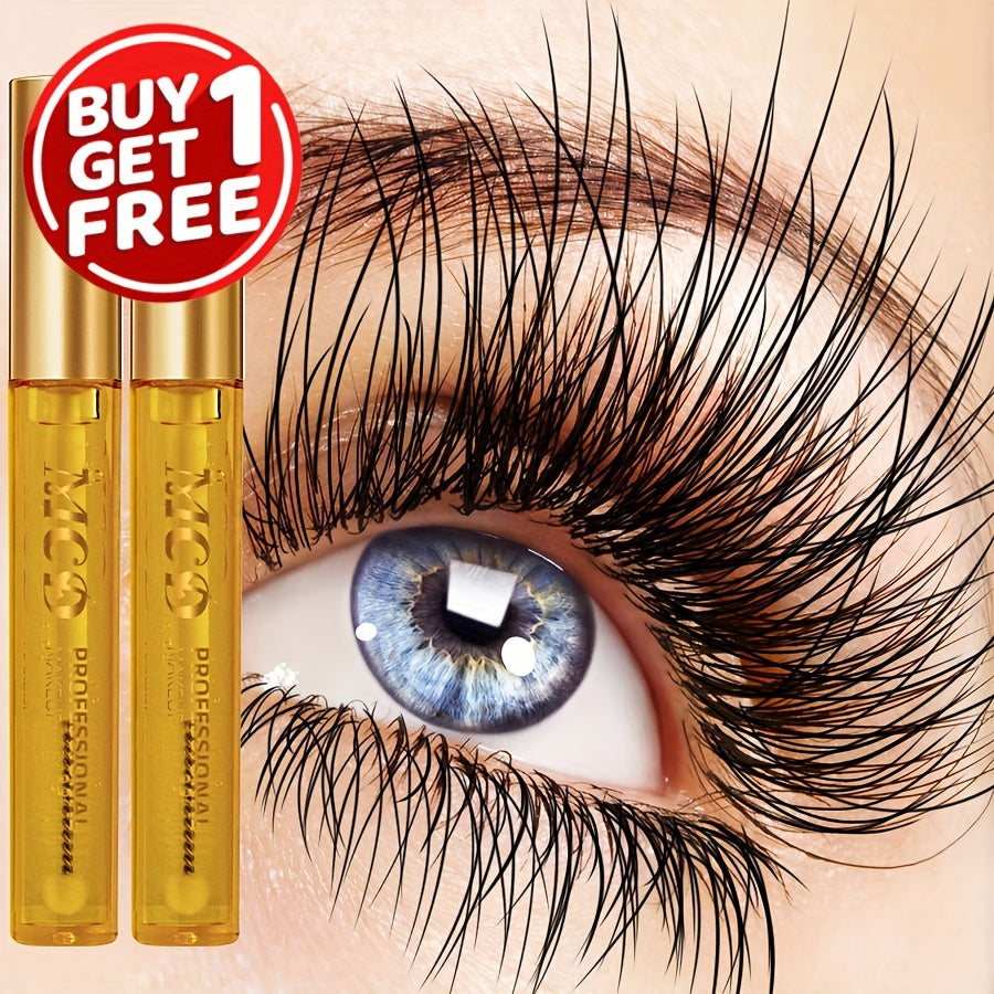 Mắt xanh với lông mi dài, chai serum vàng bên cạnh, logo khuyến mãi "Buy 1 Get 1 Free".