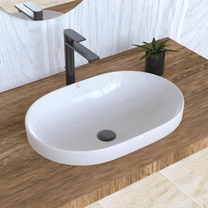 Chậu rửa mặt hình bầu dục bằng gốm sứ đặt trong quầy phòng tắm - Daisan Store