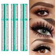 Ba ống mascara màu xanh lục, bạc bên trái và ba ảnh trang điểm mắt bên phải.