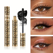 Mascara họa tiết da báo, màu vàng đen; mắt trang điểm kỹ, lông mi dài và sắc nét.