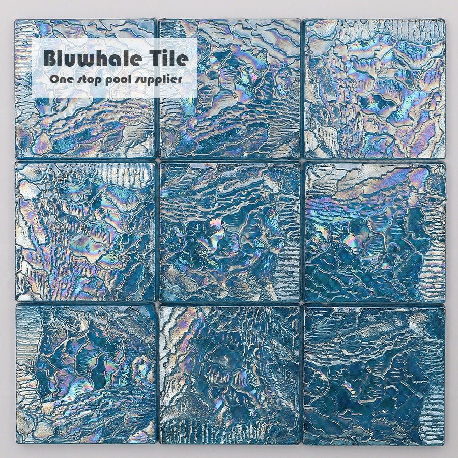 Gạch khảm thủy tinh hồ bơi mặt gợn sóng Bluwhale 97x97mm màu xanh óng ánh - Daisan Store