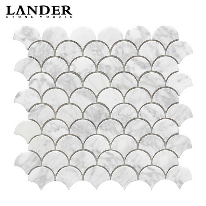Gạch mosaic đá cẩm thạch hình quạt vảy cá Bianco Carrara cho phòng tắm và nhà bếp - Daisan Store