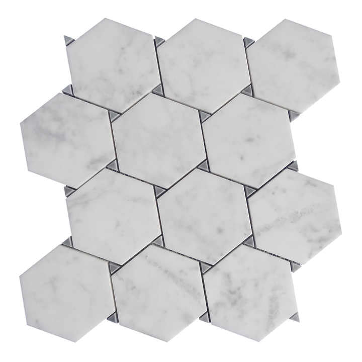 Gạch ốp tường và sàn hình lục giác lớn màu trắng Carrara khảm đá cẩm thạch nền nội thất - Daisan Store