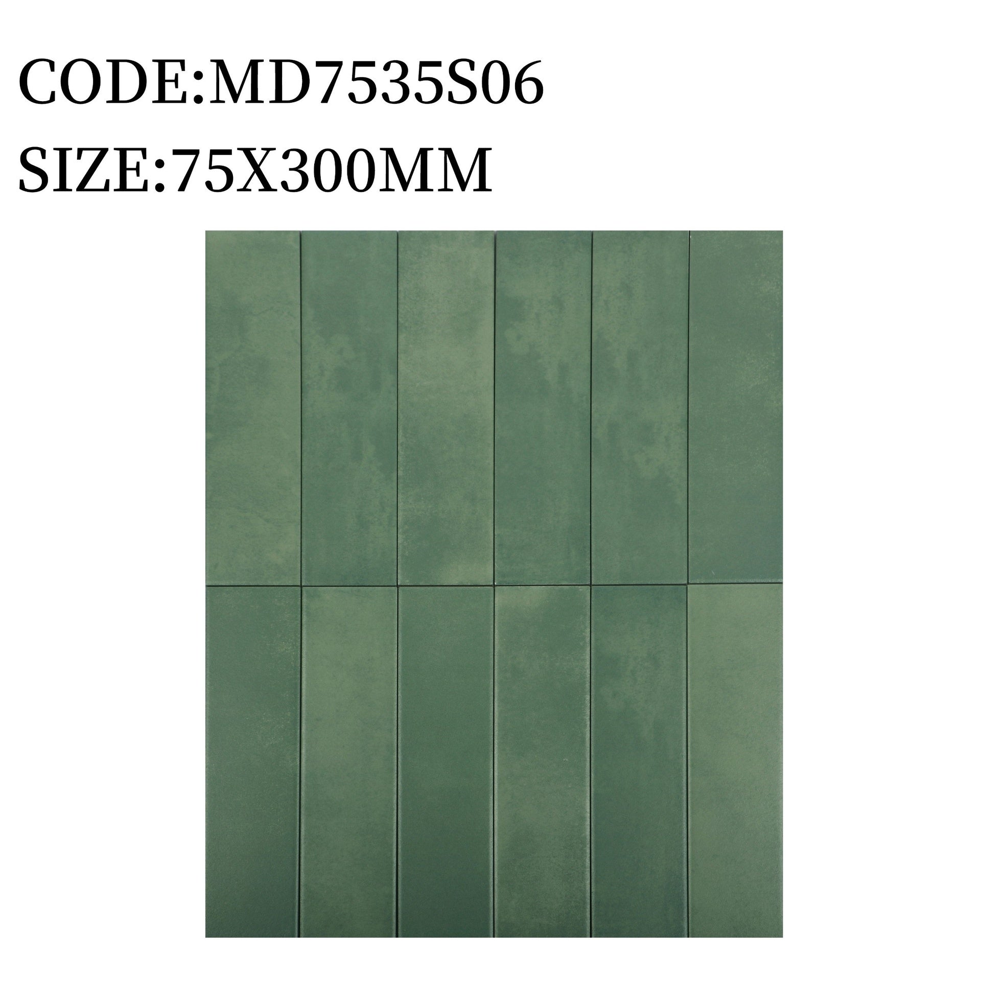 Gạch thẻ Trung Quốc, Xanh lá loang mờ phẳng, KT 75x300 mm, MD7535S06 (1 hộp/ 44 viên/ 1.125m2) - Daisan Store
