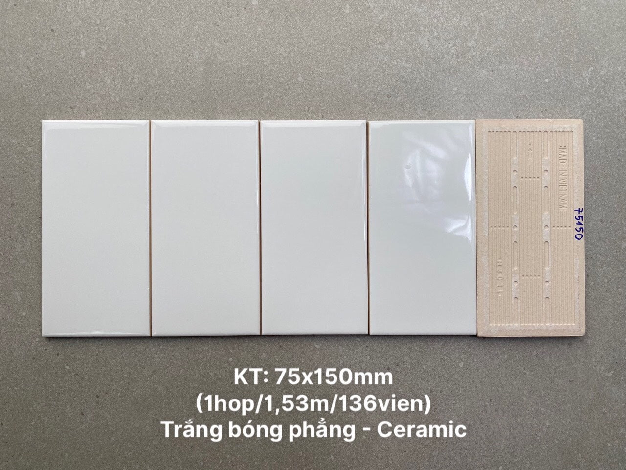 Gạch thẻ Việt Nam KT 75x150mm trắng bóng phẳng loại 1 mã STA75150 - Daisan Store