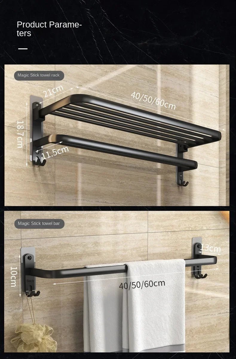 Giá Treo Khăn Dán Tường Nhôm Đen Gập Gọn 40 - 60CM - Daisan Store