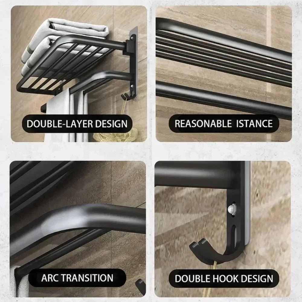 Giá Treo Khăn Dán Tường Nhôm Đen Gập Gọn 40 - 60CM - Daisan Store