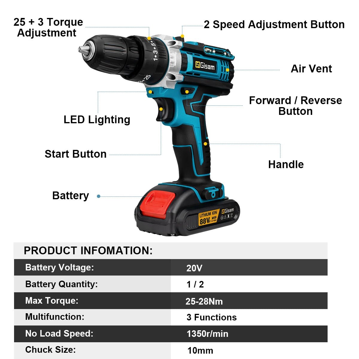 Gisam Máy Khoan Không Dây Pin Li Ion 28NM Cam Tay Tiện Dụng - Daisan Store
