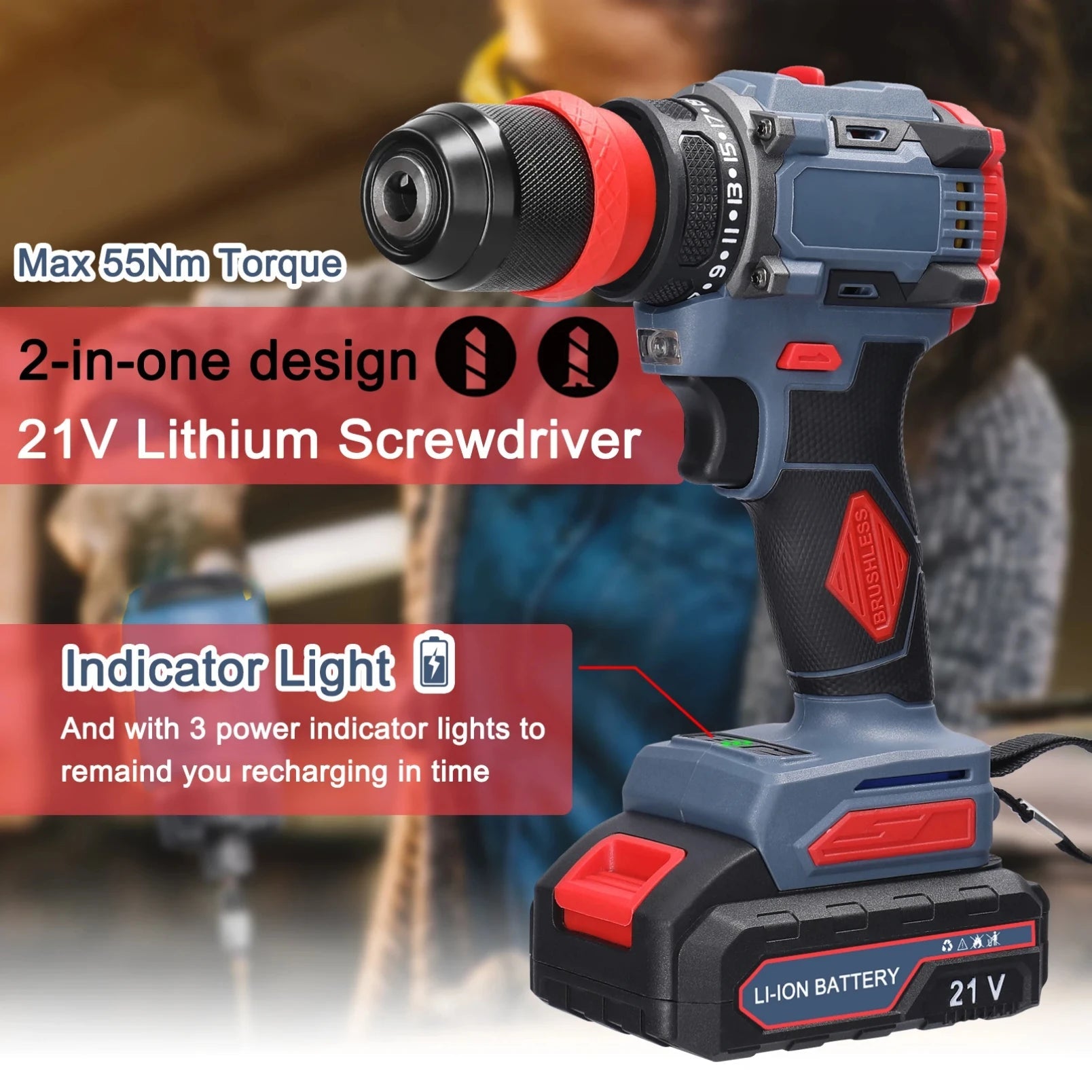 Khoan Điện 21V 2 Trong 1 Vặn Vít Không Dây 55 Nm Hiệu Quả - Daisan Store
