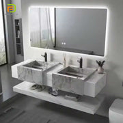 Tủ chậu rửa đôi treo tường bằng đá cẩm thạch thiêu kết kiểu Châu Âu có gương - Daisan Store