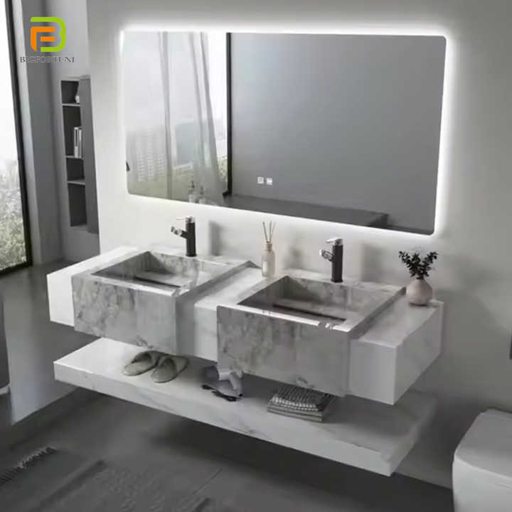 Tủ chậu rửa đôi treo tường bằng đá cẩm thạch thiêu kết kiểu Châu Âu có gương - Daisan Store