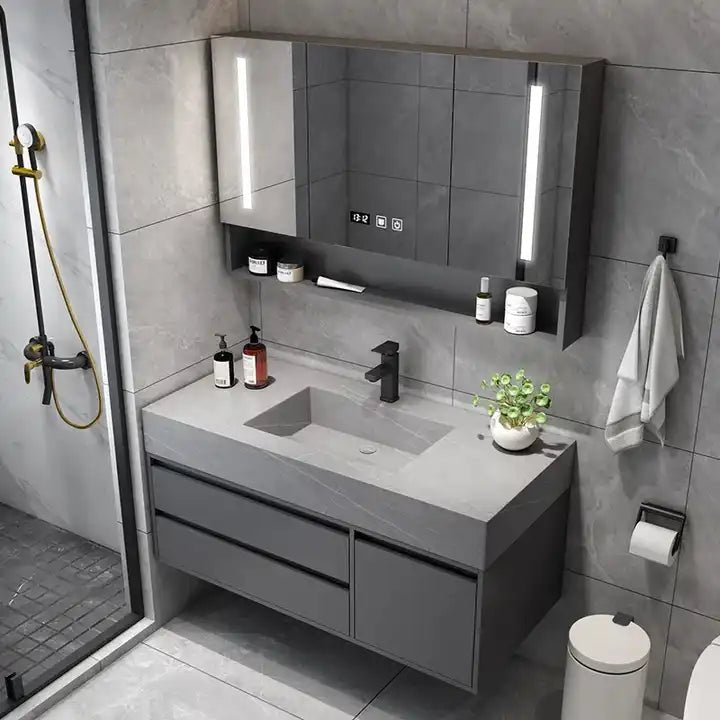 Tủ đựng đồ phòng tắm gắn tường màu xám hiện đại của khách sạn bằng gỗ nguyên khối Bộ tủ đựng đồ phòng tắm bằng đá cẩm thạch nổi - Daisan Store