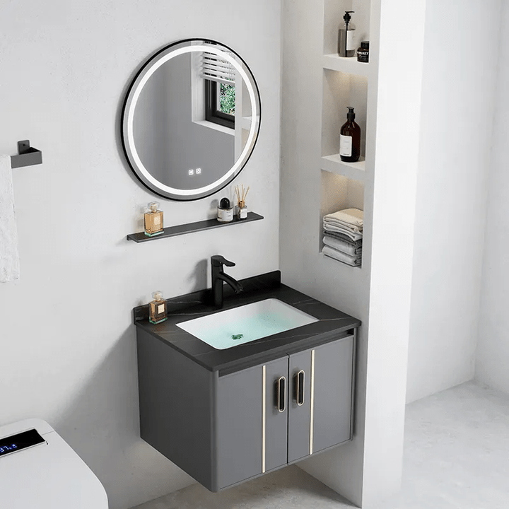 Tủ lavabo phòng tắm bằng gỗ dán phổ biến kiểu mới có tủ gương LED, tủ lavabo phòng tắm màu xám có bồn rửa bằng đá phiến - Daisan Store